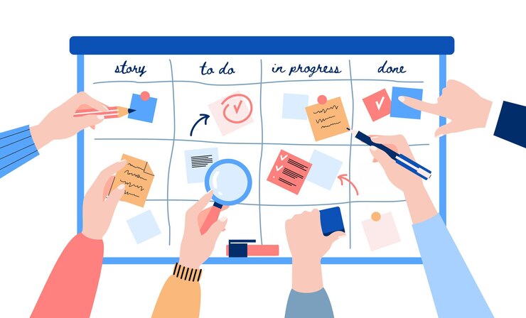 Agile ontwikkeling van scrum-team met behulp van kanban-methodologie met plakpapier