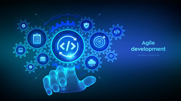 Agile ontwikkelings- en optimalisatieconcept Software engineering Softwareontwikkelingspraktijken methodologie Wireframe hand aanraken van digitale interface met aangesloten tandwielen en pictogrammen Vector