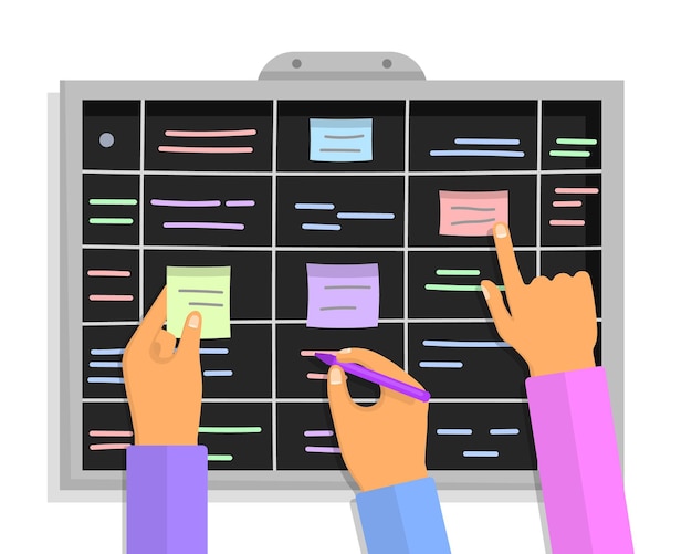 Agile project plan. scrum task board concept with human hands holding colorful sticky papers and markers. team people hands sticking work business plan schedule and memo notes on chalkboard.