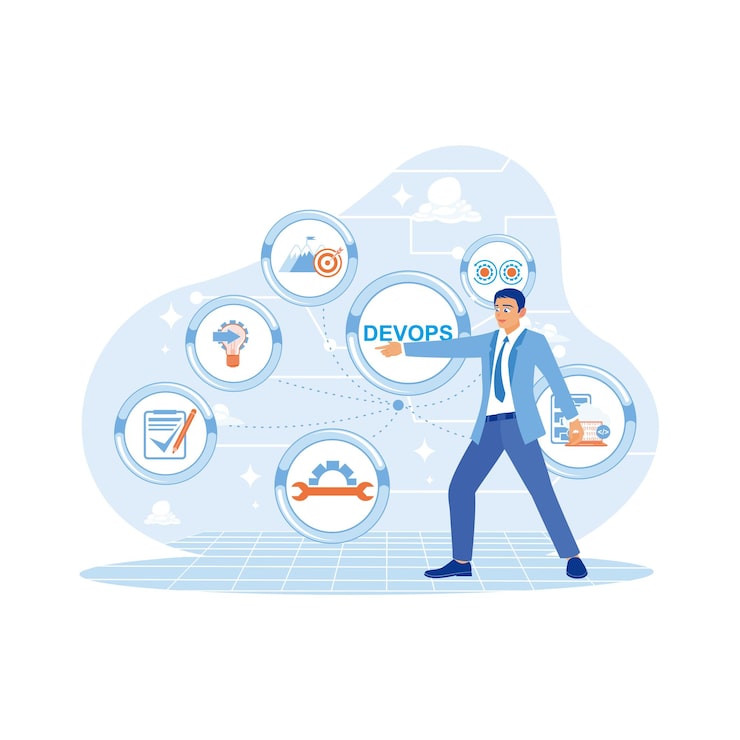 Vector 애자일 소프트웨어 개념 devops 개발 운영 화면에 devops 아이콘 app 개발자 개념