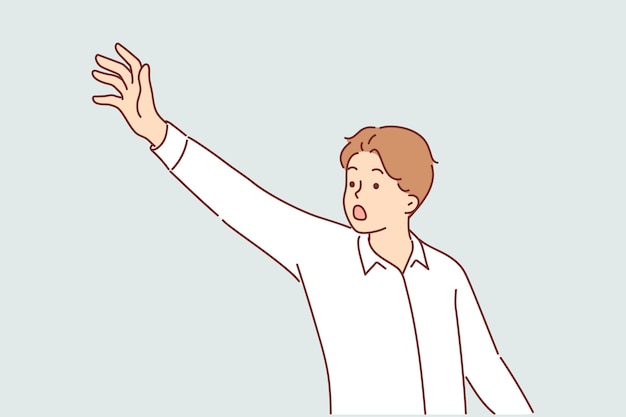 Agitated man raises hand and shouts in attempt to draw attention to important issues that require intervention guy in business shirt waves arm to call for help in critical situation