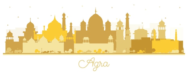 Agra india city skyline silhouette with golden buildings isolated on white