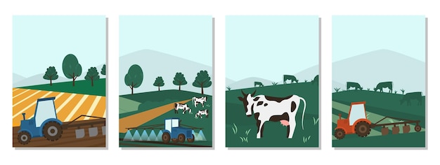 Agrarische visitekaartjes. koeien landbouw op groene weide landbouw bedrijfsconcept. kalveren die vers kruid eten. landelijke dieren veld vectorillustratie. vee veehouder industrie banner.