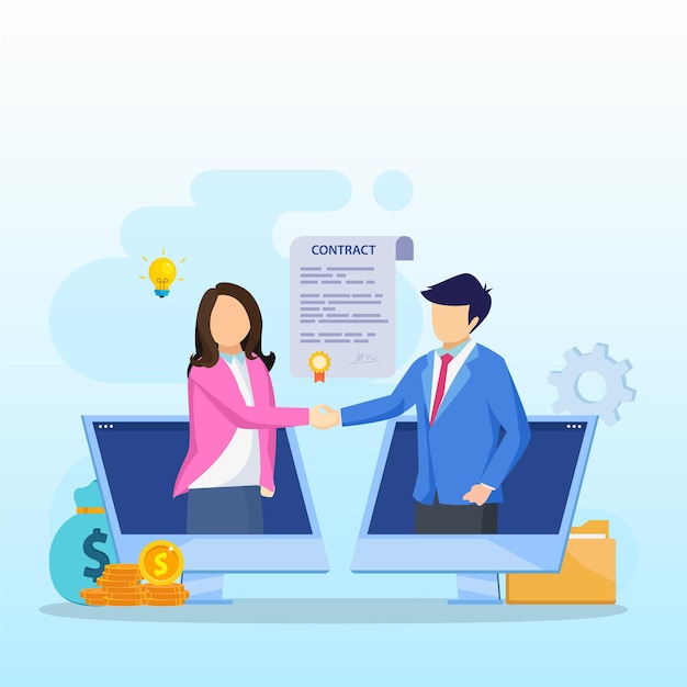 Agreement concept Business people standing on a signed contract flat vector illustration