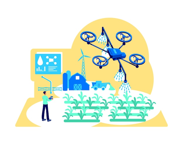 Agribusiness automatisering platte concept. drone voor irrigatie. moderne kas. boer met apparaatbesturing 2d stripfiguur voor webdesign. creatief idee voor digitale landbouw