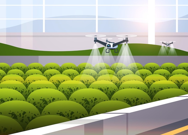 Agricultural drones sprayers quad copters flying to spray chemical fertilizers in greenhouse smart farming innovation technology