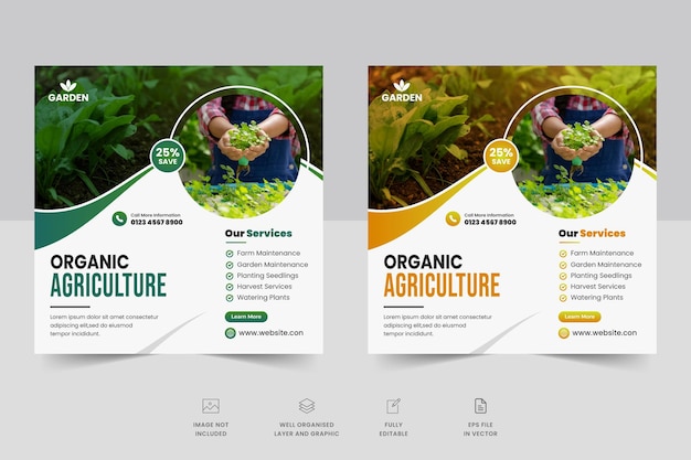 農業および農業サービスのソーシャル メディアの投稿バナーと農業農場の web バナー テンプレート デザイン
