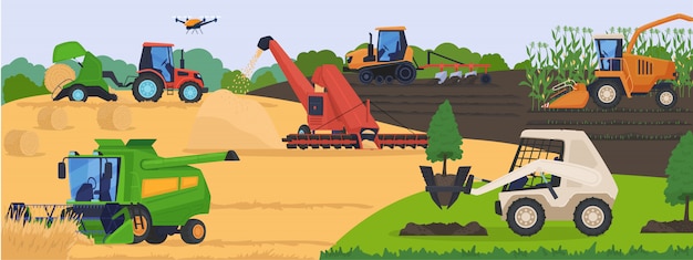 Agricultural machinery in field, harvest vehicle equipment and rural transport,  illustration.