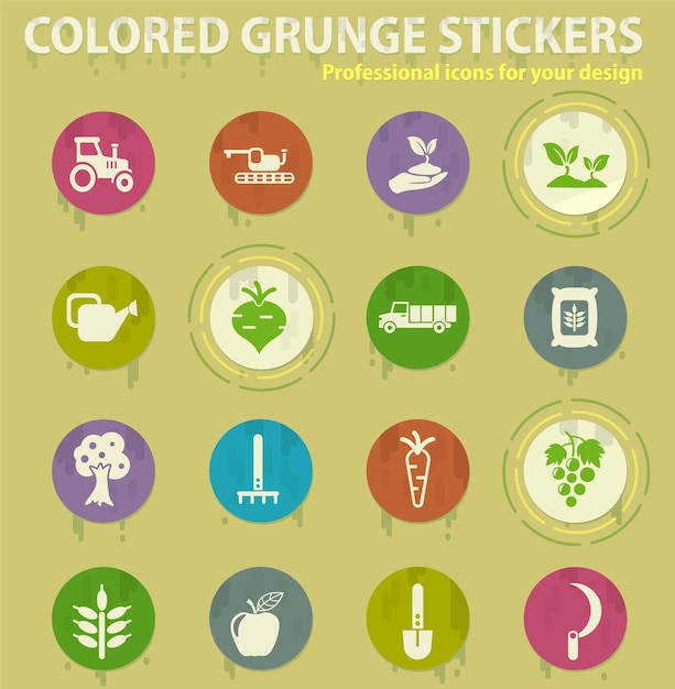 Icone colorate del grunge di produzione agricola
