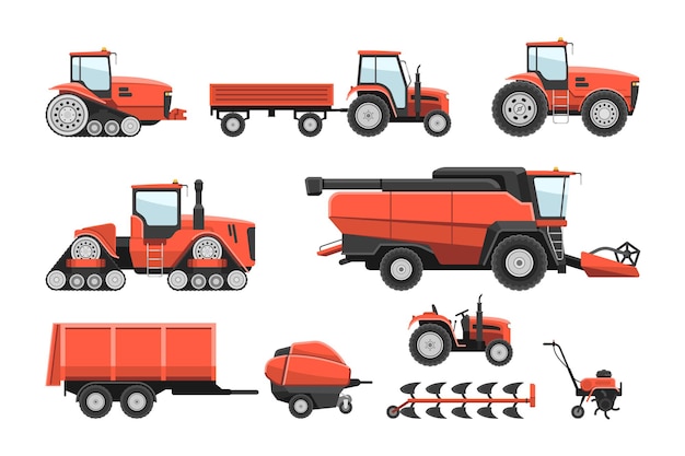 농업 목장 무거운 기술 트랙터 기계 세트. 수확기 파종 수확기, 곡물 운송 농지 산업 차량 벡터 일러스트 레이 션 흰색 절연 트레일러를 결합