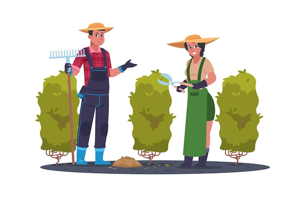 Agricultural work Cartoon farmer activities People work in garden Gardeners collect leaves with rake and trim branches with shears Man and woman care of plants vector illustration