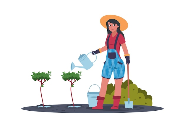 Agricultural work Cartoon woman planting fruit trees in garden Farmer watering shrubs Female holding tools for gardening Isolated scene of horticulture activity vector illustration