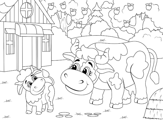 Vector agricultural yard cow and calf children coloring book