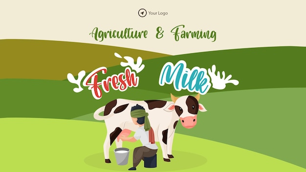 農業と農業の新鮮なミルクの風景バナーデザインテンプレート
