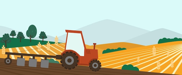 Vettore banner di fattoria agricola. trattore che coltiva campo in primavera illustrazione.