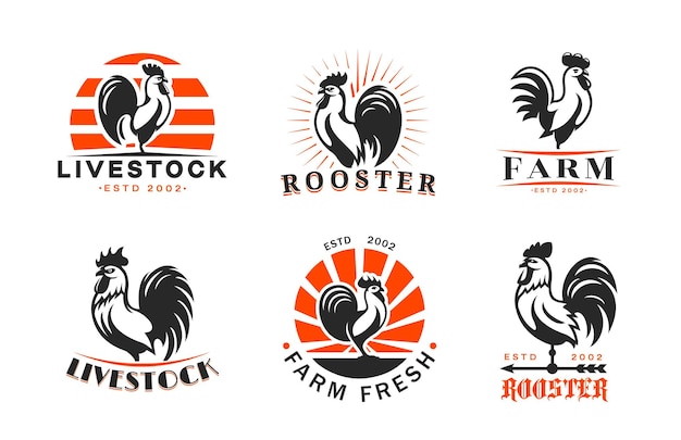 Agriculture and farm rooster icons Vector cock or cockerel animal with rising sun symbols of poultry farm Chicken meat and egg labels set for organic food product of farmer market or butcher shop