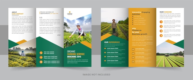 Vettore modello di brochure per servizi agricoli agricoli volantino per fattoria agricola brochure a tre ante per agricoltura biologica