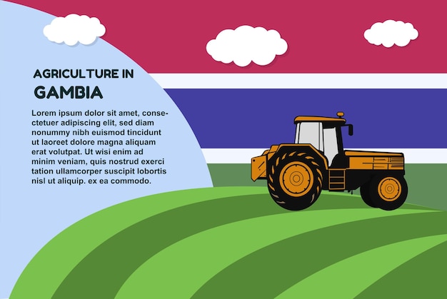 Banner di concetto di agricoltura in gambia con campo di trattori e area di testo agricoltura e coltivazione