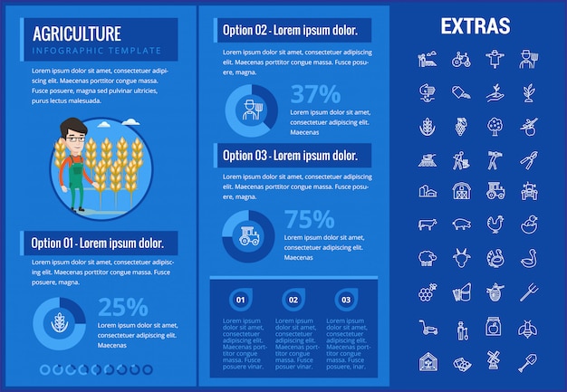 Modello di infographic di agricoltura, elementi, icone.