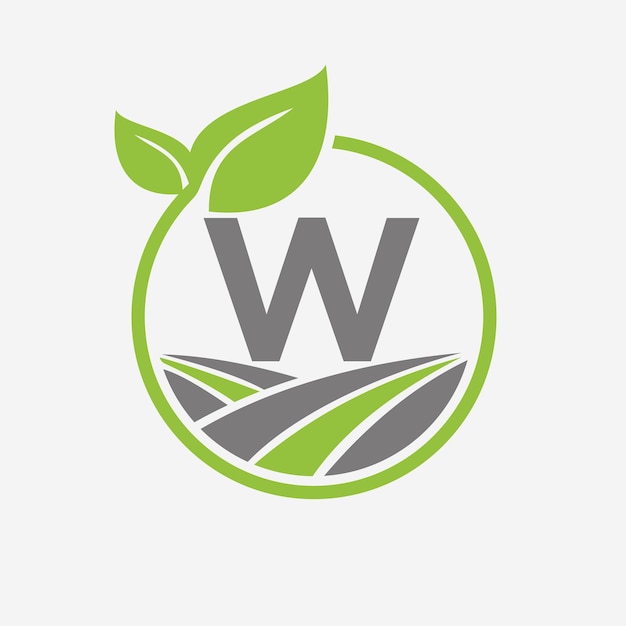 Логотип сельского хозяйства на букве W с символом листа и поля Шаблон логотипа сельского хозяйства
