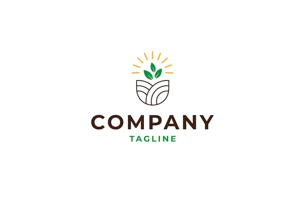 Vector agriculture logo with glowing leaf plants and fields in line art design style