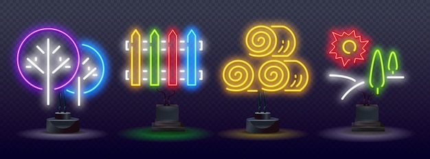 Agriculture neon icons, vector neon glow on dark background.