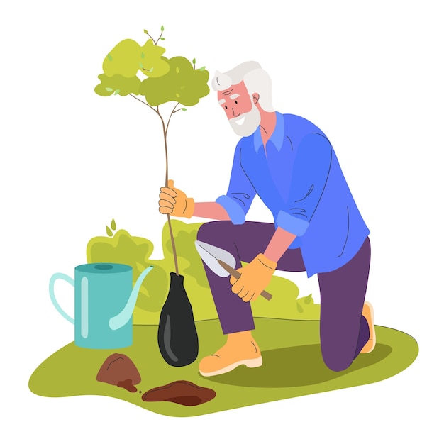 Vector agriculture old man planting gardens vegetables outdoor