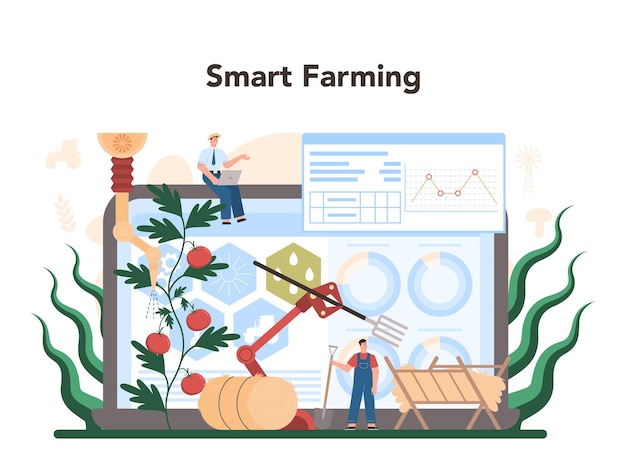 Servizio o piattaforma online per l'agricoltura coltivazione e produzione di alimenti agricoli raccolta di generi alimentari nel villaggio agricoltura intelligente illustrazione piatta isolata