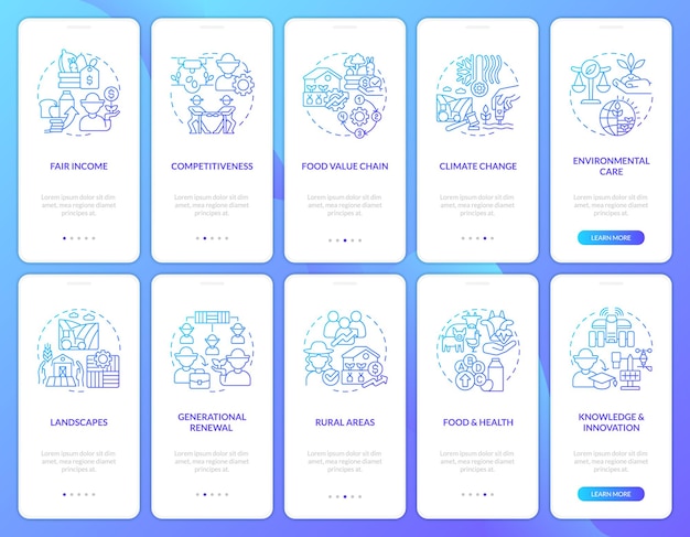 Agriculture policy goals blue gradient onboarding mobile app screens set