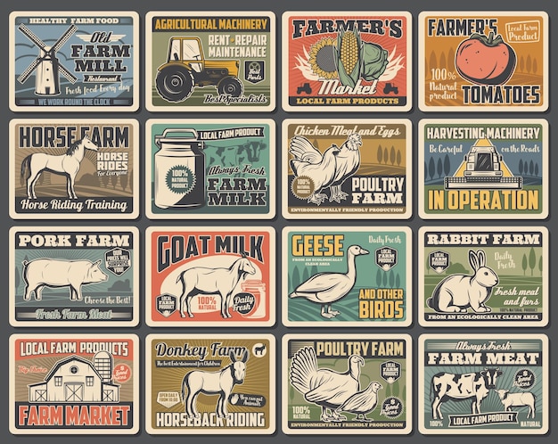 Вектор Сельское хозяйство ретро плакаты сельскохозяйственные животные овощи