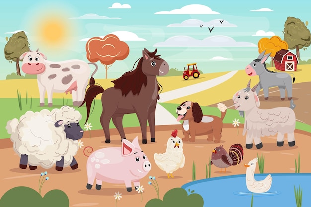 Agriculture summer illustration with farm animals Vector illustration