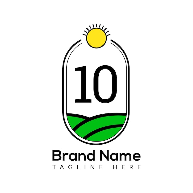 Agriculture Template On 10 Letter. Farmland Logo, Agro Farm, Eco farm logo design with sun icon.