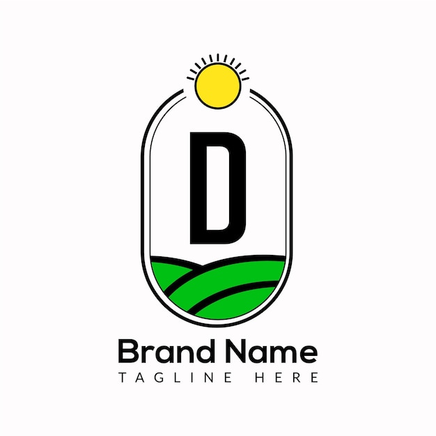 Agriculture Template On D Letter. Farmland Logo, Agro Farm, Eco farm logo design with sun icon.