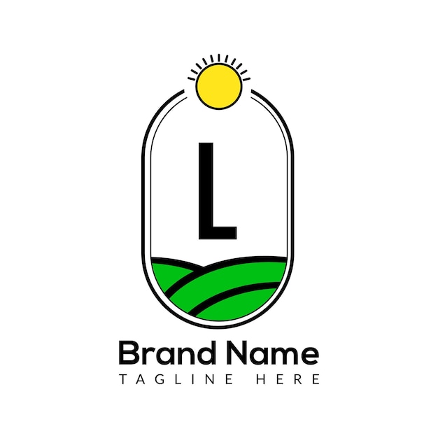 Шаблон сельского хозяйства на букве l. логотип сельскохозяйственных угодий, агроферма, дизайн логотипа экофермы со значком солнца.