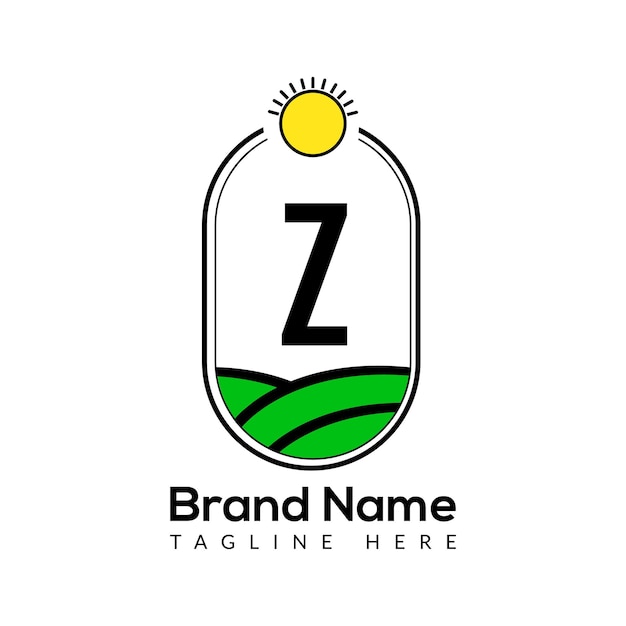 Сельскохозяйственный шаблон на букве z. логотип сельскохозяйственных угодий, агроферма, дизайн логотипа экофермы со значком солнца.