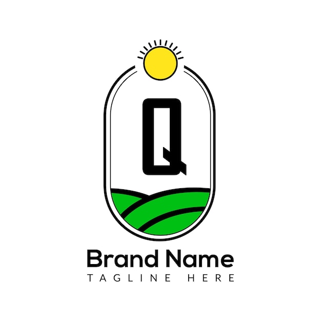 Agriculture Template On Q Letter. Farmland Logo, Agro Farm, Eco farm logo design with sun icon.