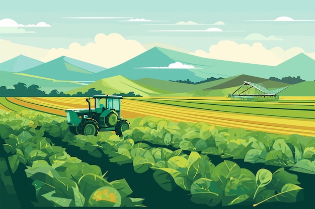畑で収している農業用トラクターと収機 晴れた日のベクトルフラットイラスト