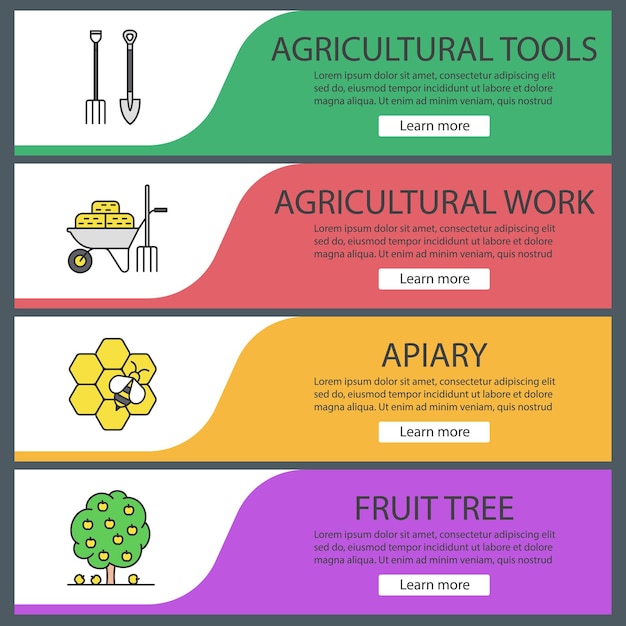 Vettore set di modelli di banner web per l'agricoltura. forcone e pala, carriola con fieni, apiario, albero da frutto. voci di menu a colori del sito web. concetti di progettazione di intestazioni vettoriali