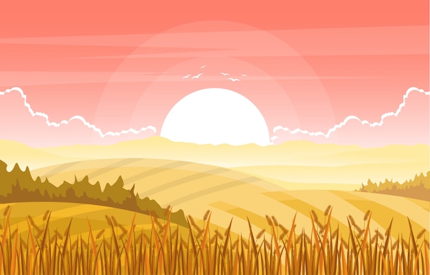 Agriculture wheat field farm rural nature scene landscape illustration