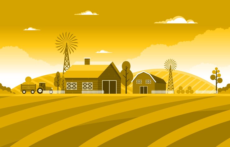 Vector agriculture wheat field farm rural nature scene landscape illustration