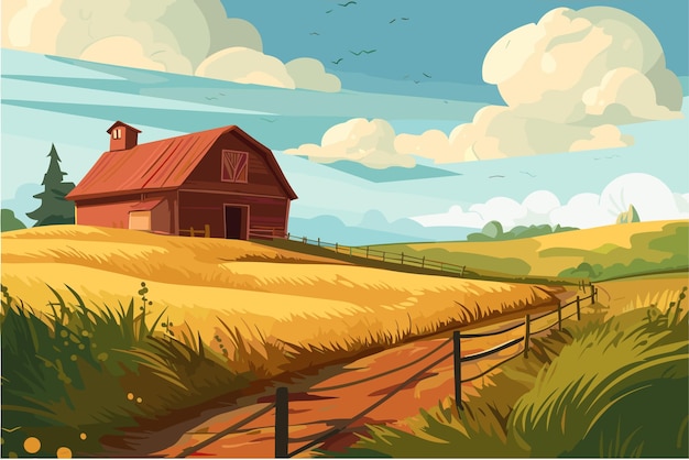 Agriculture working in the field harvesting sunny day vector flat illustration