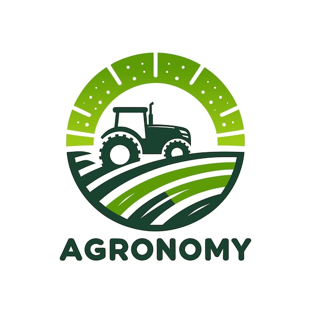 Progettazione del logo agronomico trattore sul campo illustrazione vettoriale