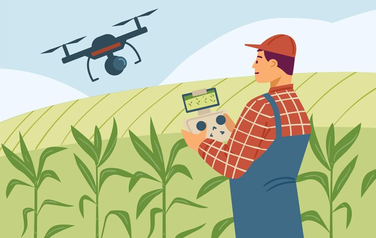 Vector agronoom die technologie gebruikt in landbouwmaïsveld