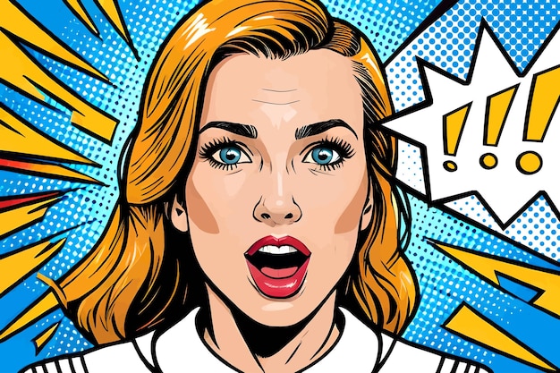 Aha moment Surprised young woman Comic book pop art style