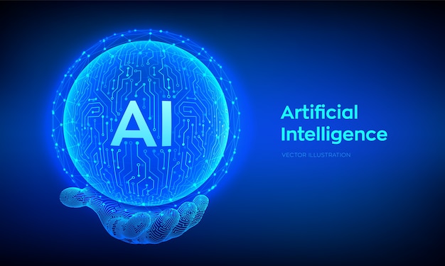 AI. Abstracte kunstmatige intelligentie Logo printplaat bol in de hand. Neurale netwerken.