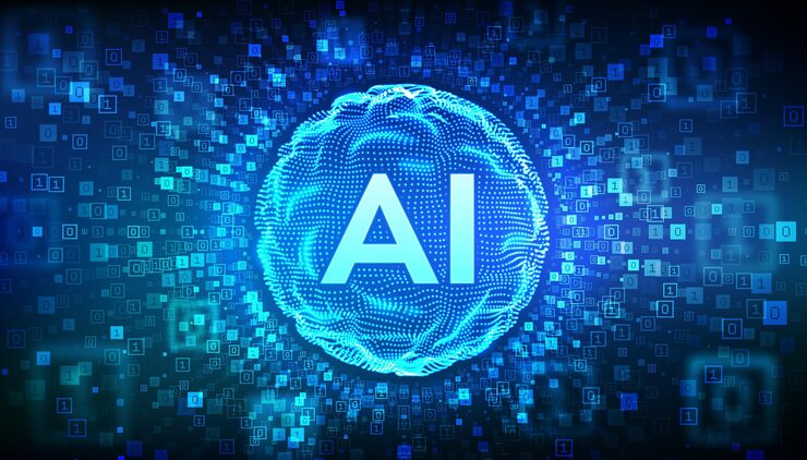 Vector 人工智能 (ai) 抽象格子波球与字母 ai 机器学习技术 神经网络 二进制代码背景与数字 10 二进制数据流向量插图