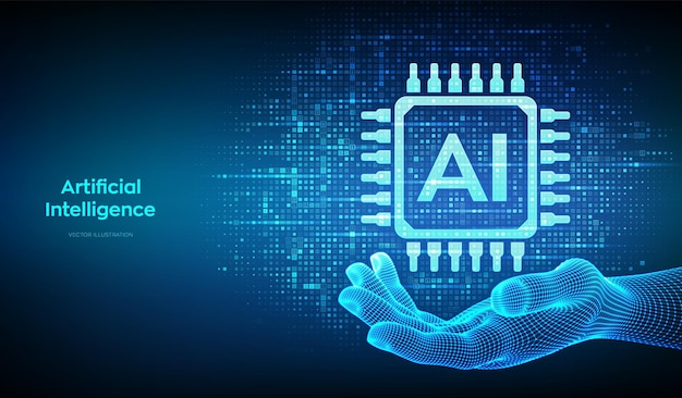 AI 人工知能 AI アイコンは、ワイヤー フレームの手のバイナリ コードで作られました。バイナリ データとストリーミング デジタル コード背景数字 10 のベクトル図とマトリックスの背景