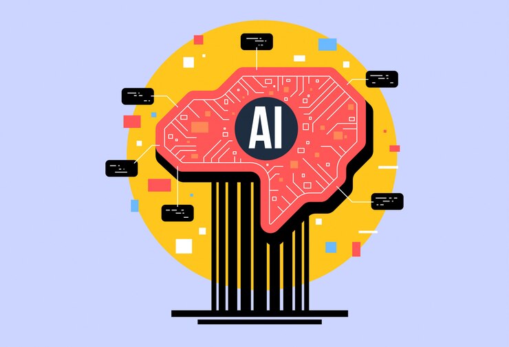 Vector ai, artificial intelligence composition, brain with electronic neurons.