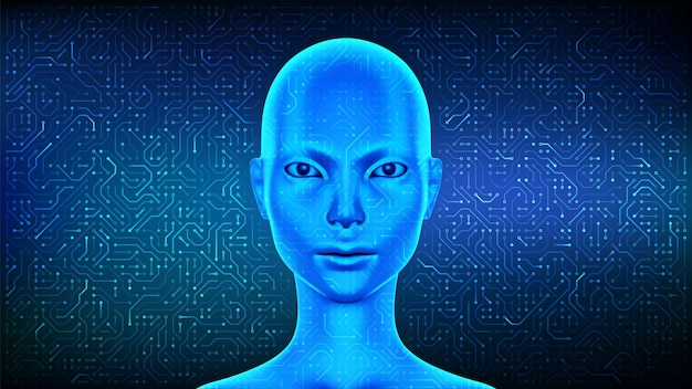 人工知能 (AI) 概念 女性の電子顔 サイボーグ 女性の頭 女性のロボット サイバーマインドの顔 スマートアシスタント 神経ネットワーク サーキットボードのパターン背景 ベクトルイラスト