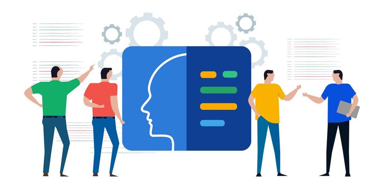 Vector ai artificial intelligence cyborg head learning machine programming developer programmer talk
